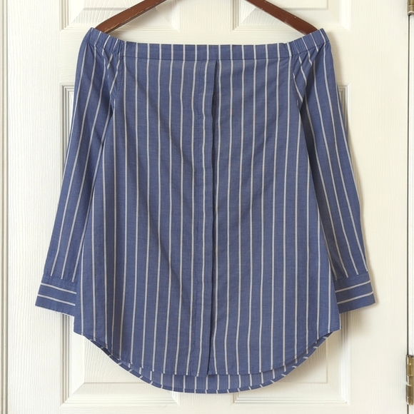 Equipment Gretchen Striped Off Shoulder Long Sleeve Button Down Shirt Blue Small - Picture 1 of 13